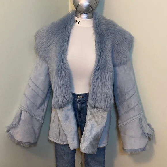 Woman’s Faux Fur Trim Jacket - Soft Blue - Picture 6 of 14